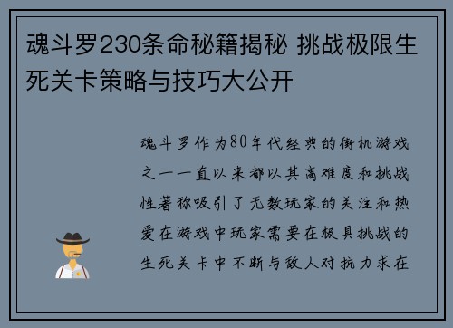 魂斗罗230条命秘籍揭秘 挑战极限生死关卡策略与技巧大公开